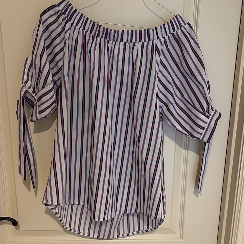 THML Blue Red and White Asymmetrical Tie Front Blouse